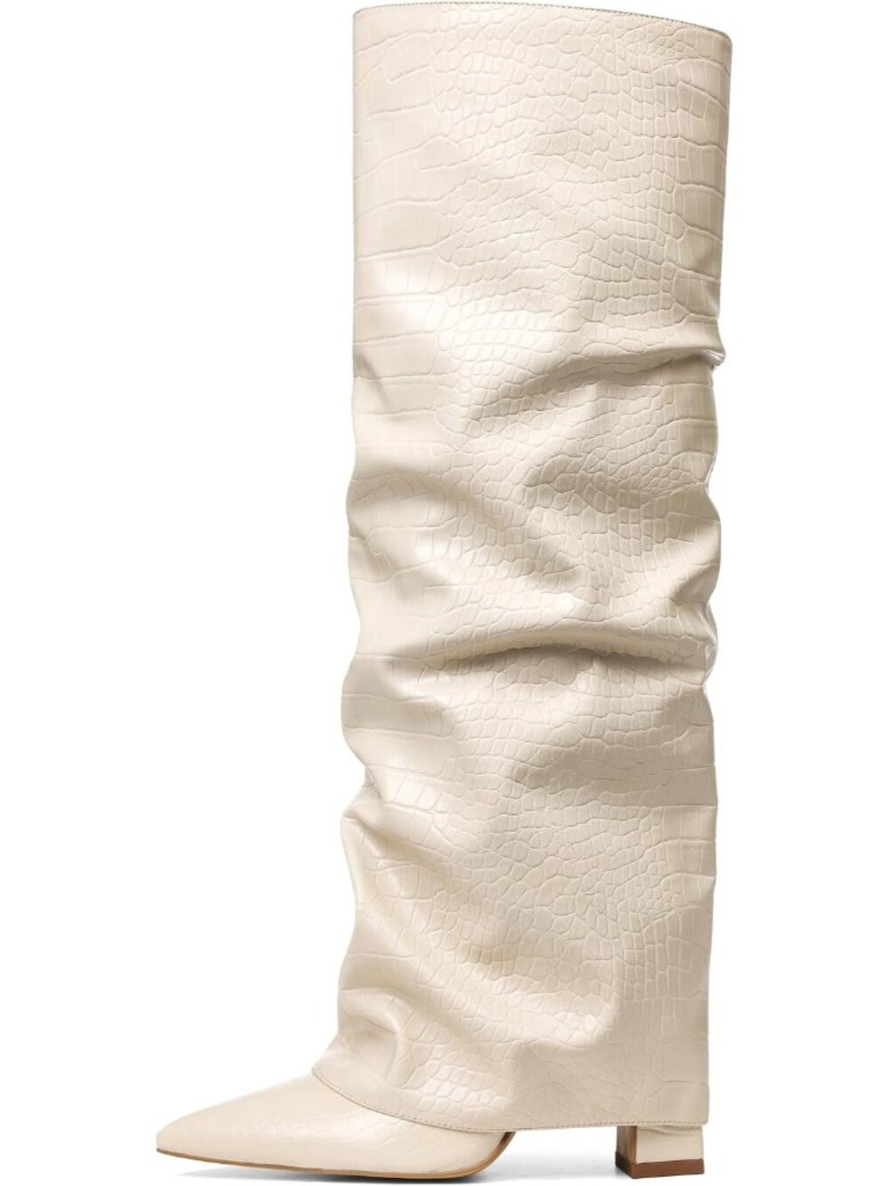 Women's Apricot Comfortable Pointed Toe Fold Over Chunky Slouchy Knee High Boots - Picture 2 of 5
